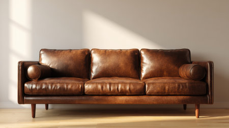 Contemporary brown leather sofa bathed in golden hour light, soft neutral background, stylish mockup for artwork or brand presentationの素材