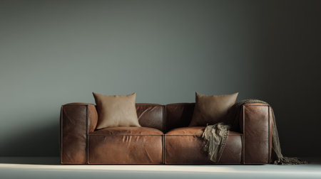 Contemporary brown leather sofa bathed in golden hour light, soft neutral background, stylish mockup for artwork or brand presentationの素材