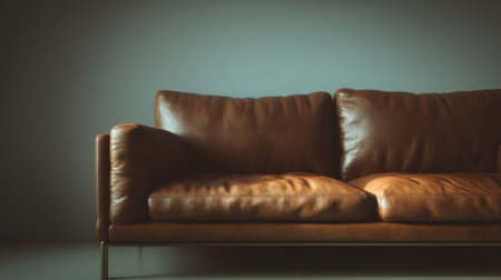 Contemporary brown leather sofa bathed in golden hour light, soft neutral background, stylish mockup for artwork or brand presentationの素材