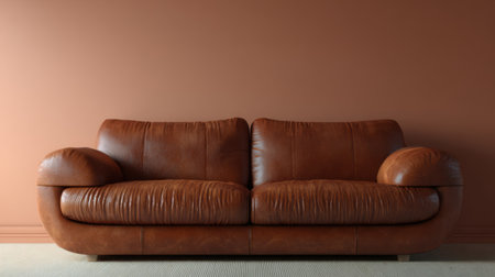 Modern brown leather sofa in soft warm light with smooth background, inviting texture and minimal design, ideal for poster mockup sceneの素材