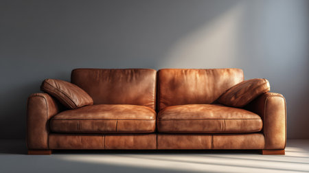 Modern brown leather sofa in soft warm light with smooth background, inviting texture and minimal design, ideal for poster mockup sceneの素材