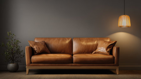 Minimalist living room with brown leather sofa under warm lighting, elegant clean space, blank wall perfect for graphic mockup, modern and cozy styleの素材