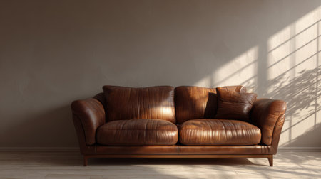 Warm cozy living room interior with brown leather sofa, natural sunlight casting shadows, simple blank wall mockup for creative displayの素材