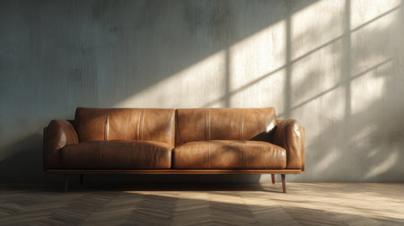 Modern interior scene with warm-toned brown leather sofa and minimalist background, cozy daylight mood, empty space for branding mockupの素材