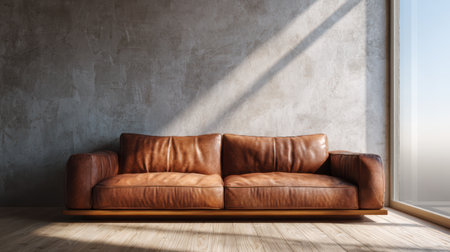 Modern interior scene with warm-toned brown leather sofa and minimalist background, cozy daylight mood, empty space for branding mockupの素材