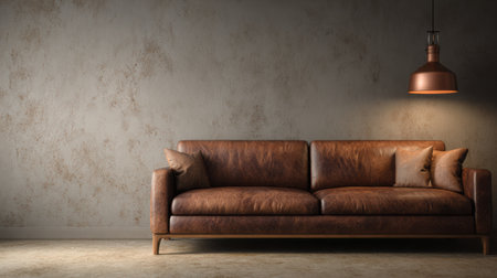 Warm-toned modern interior with brown leather sofa, soft light highlighting texture, minimalist clean wall background mockup sceneの素材