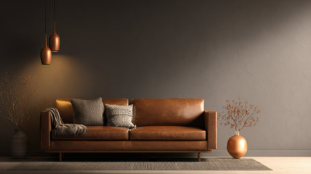 Minimalist living room with brown leather sofa under warm lighting, elegant clean space, blank wall perfect for graphic mockup, modern and cozy styleの素材