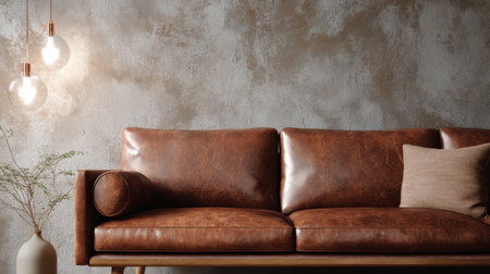 Warm-toned modern interior with brown leather sofa, soft light highlighting texture, minimalist clean wall background mockup sceneの素材