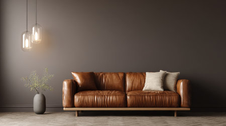Minimalist living room with brown leather sofa under warm lighting, elegant clean space, blank wall perfect for graphic mockup, modern and cozy styleの素材