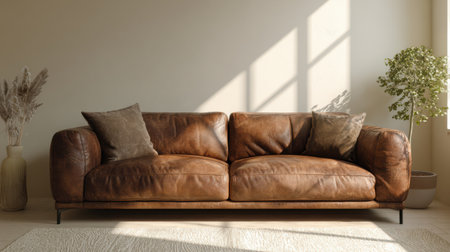 Stylish warm brown leather couch in bright natural light, neutral beige background, minimal interior mockup for poster or artwork presentation, cozy aestheticの素材