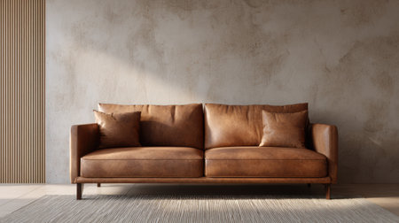 Warm-toned modern interior with brown leather sofa, soft light highlighting texture, minimalist clean wall background mockup sceneの素材