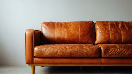 Modern brown leather sofa in soft warm light with smooth background, inviting texture and minimal design, ideal for poster mockup sceneの素材