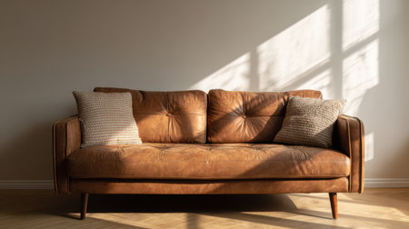 Stylish warm brown leather couch in bright natural light, neutral beige background, minimal interior mockup for poster or artwork presentation, cozy aestheticの素材