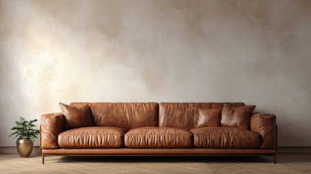 Warm-toned modern interior with brown leather sofa, soft light highlighting texture, minimalist clean wall background mockup sceneの素材