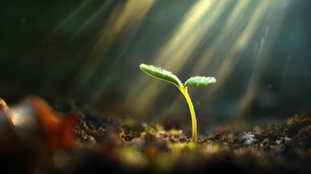 A bright close-up of a new green plant sprout reaching toward the light, golden sunbeams radiating down, natural soft background blur, ultra realistic color and detailの素材