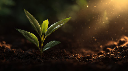 A photorealistic close-up of a single young green plant sprout emerging from rich moist soil, glowing under soft golden sunlight, detailed texture, warm and vibrant atmosphere, ultra realistic nature styleの素材