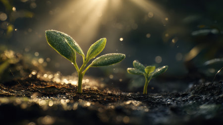 Lush green sprout under glowing sunlight, photorealistic texture, moisture on soil surface, nature rebirth concept, calm golden lighting, ultra HD realismの素材