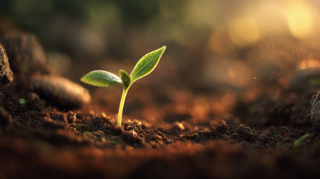 A photorealistic close-up of a single young green plant sprout emerging from rich moist soil, glowing under soft golden sunlight, detailed texture, warm and vibrant atmosphere, ultra realistic nature styleの素材