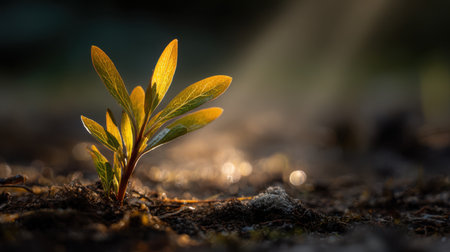 A single plant sprout with soft leaves emerging from moist earth, divine sunlight shining through, golden reflections, ultra sharp detail, smooth depth, peaceful toneの素材