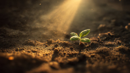 Close-up of a seedling emerging under divine sunlight, shining golden rays, photorealistic soil texture, bright green hue, warm natural atmosphere, minimal shadowの素材