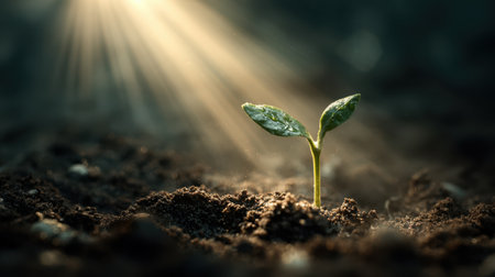 A symbolic shot of growth, single green sprout reaching up through fertile soil, detailed texture, glowing sunlight with soft rays, photorealistic nature imageryの素材
