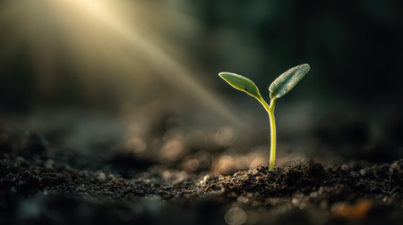 A lone green sprout symbolizing growth, illuminated by bright heavenly light, fertile moist ground beneath, detailed realism, cinematic soft focus, natural toneの素材