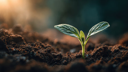 A young plant sprout unfolding leaves under radiant sunlight, fertile soil texture visible, rich green tone, divine warm glow, realistic lighting, nature purityの素材