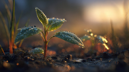 Detailed photorealistic plant sprout in early morning light, dew on soil, golden sunrise glow, calm and serene mood, vibrant colors, cinematic depth of fieldの素材