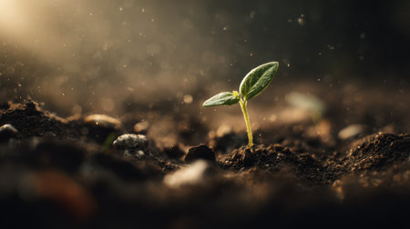 New life concept, close-up of a green sprout emerging from soil under divine sunlight, warm golden tones, realistic textures, minimal shadow, bright natural moodの素材