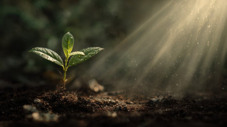 A symbolic shot of growth, single green sprout reaching up through fertile soil, detailed texture, glowing sunlight with soft rays, photorealistic nature imageryの素材