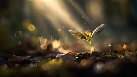 A single plant sprout with soft leaves emerging from moist earth, divine sunlight shining through, golden reflections, ultra sharp detail, smooth depth, peaceful toneの素材