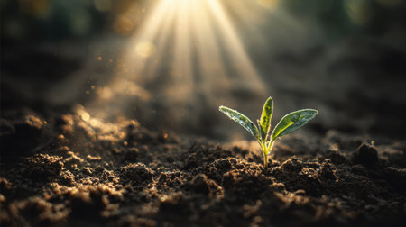 Close-up of a seedling emerging under divine sunlight, shining golden rays, photorealistic soil texture, bright green hue, warm natural atmosphere, minimal shadowの素材