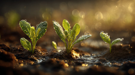 Lush green sprout under glowing sunlight, photorealistic texture, moisture on soil surface, nature rebirth concept, calm golden lighting, ultra HD realismの素材