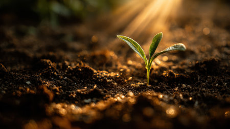 New life concept, close-up of a green sprout emerging from soil under divine sunlight, warm golden tones, realistic textures, minimal shadow, bright natural moodの素材