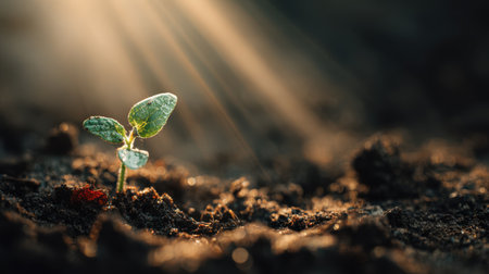 Close-up macro of a delicate green sprout growing from fertile soil, illuminated by gentle divine sunlight, radiant golden beams, high realism, minimal shadows, natural color toneの素材