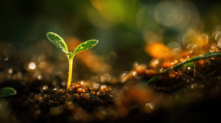 Vibrant close-up of a tiny sprout glowing in golden morning light, soft sunlight reflections, natural vivid greens, highly detailed moist soil, peaceful ambianceの素材