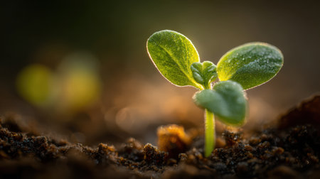 Vibrant close-up of a tiny sprout glowing in golden morning light, soft sunlight reflections, natural vivid greens, highly detailed moist soil, peaceful ambianceの素材
