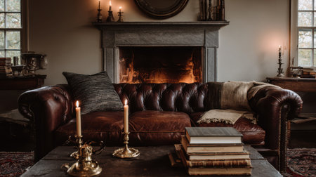 Chesterfield leather sofa by classic fireplace, antique brass candle holders, stacked books, cozy traditional ambiance, soft neutral walls, no text, no logoの素材