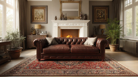 Brown chesterfield sofa facing white fireplace, classic oriental rug, antique brass frames and lamps, natural daylight, warm and inviting atmosphere, no text, no logoの素材