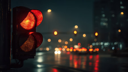 Night scene traffic light with only the red signal shining, atmospheric low-light photography, soft reflections on metalの素材