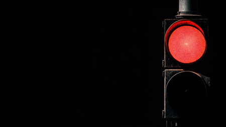 Red light from traffic signal glowing in the dark, black background highlighting vivid color, safety and caution conceptの素材