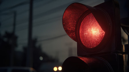 Single red light active on a traffic signal, deep shadows and dark surroundings, realistic photo with cinematic tonesの素材