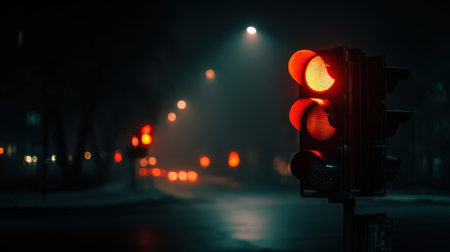 Night scene traffic light with only the red signal shining, atmospheric low-light photography, soft reflections on metalの素材