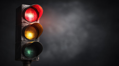 Isolated traffic light with bright red glow, yellow and green bulbs off, moody contrast background, stop signal conceptの素材