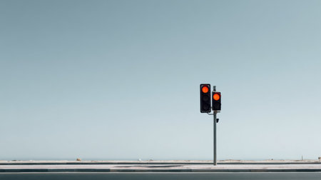 Single hanging traffic light in daylight against clear white sky, no people, minimalist urban design aestheticの素材