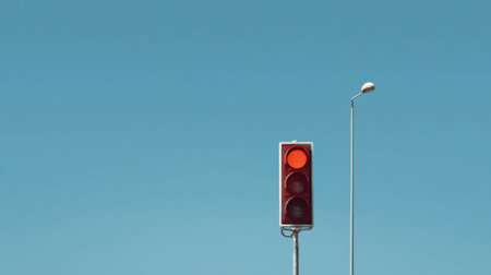 Urban traffic signal isolated against clear blue sky, minimal aesthetic, strong geometry and clean lines, no people or signageの素材