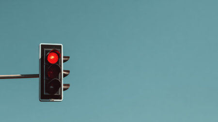Traffic light viewed from below, red light glowing, clear sky background, geometric simplicity, no people, clean minimal feelの素材
