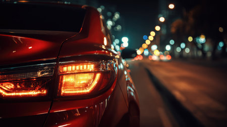 Detailed night photo of a red car rear with shining LED brake lights and amber indicator, dark blurred street backgroundの素材