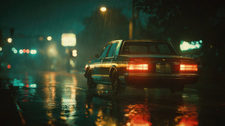 Rear of sedan at night, brake lights and right signal flashing, rain-soaked street reflections, moody cinematic vibeの素材