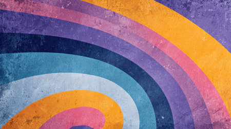 1970s inspired swirl background featuring hypnotic circular rays and faded color gradients. Grunge worn edges and vintage aesthetic, abstract groovy energyの素材